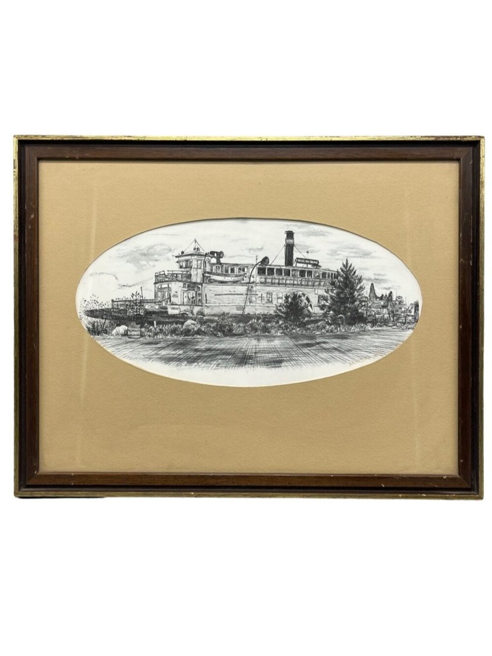 vintage gold wood framed drawing wall artwork steamboat signed 1992 sketch READ